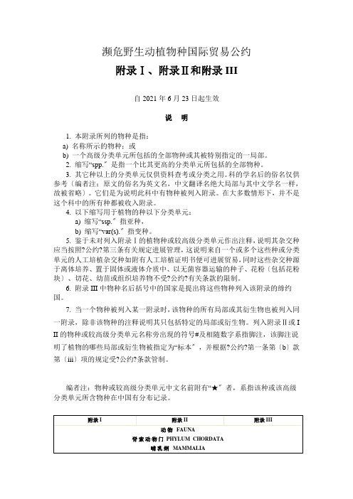 华盛顿公约附录  1,2,3