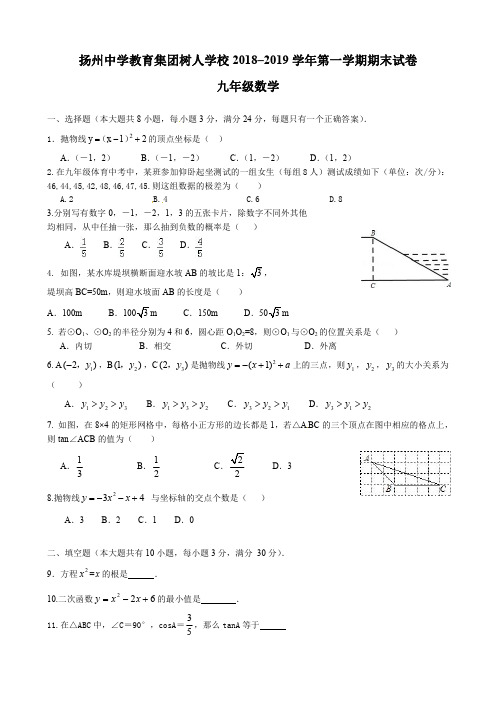扬州中学教育集团树人学校2018–2019学年第一学期期末试卷九年级数学