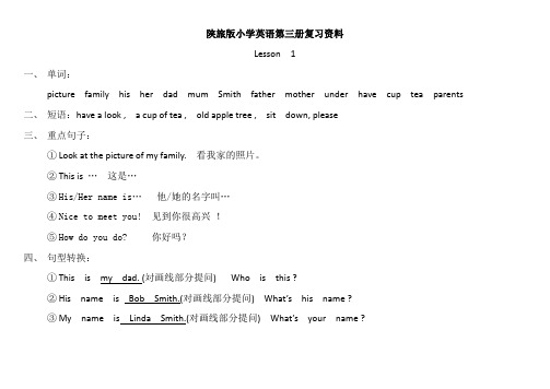 陕旅版第三册英语四年级上册复习资料
