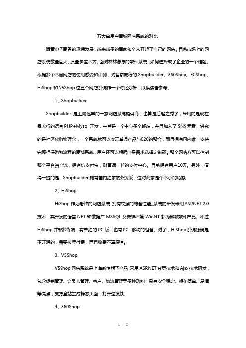 五大单用户商城网店系统的对比