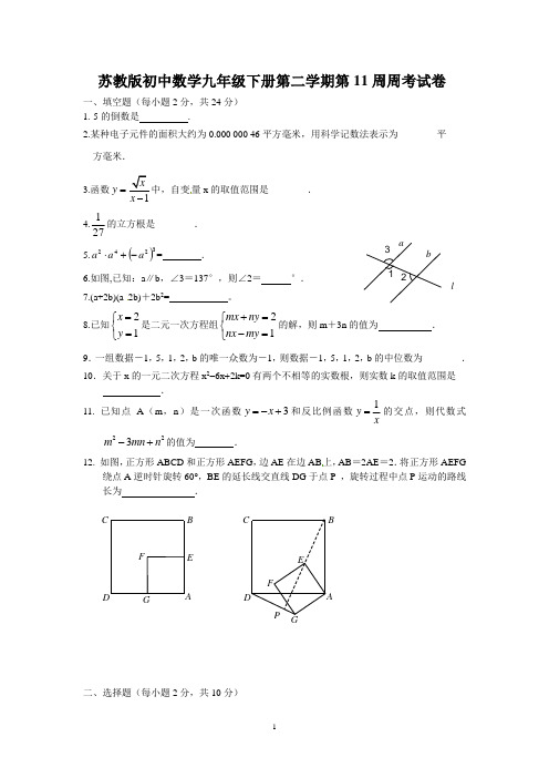 苏教版初中数学九年级下册第二学期第11周周考试卷及参考答案