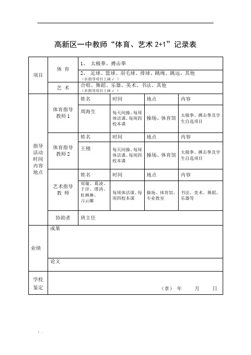 高新区一中教师“体育艺术2+1记录表