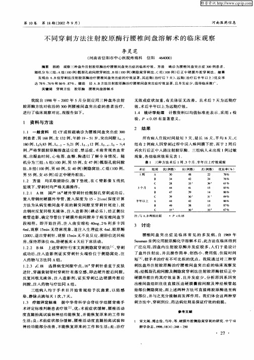 不同穿刺方法注射胶原酶行腰椎间盘溶解术的临床观察