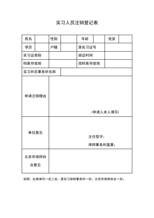 律师实习人员注销登记表