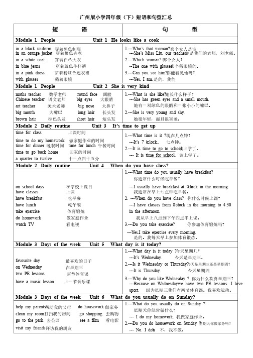 广州版小学英语四年级下短语、句型汇总