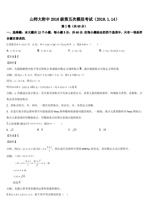 山东省山东师范大学附属中学2019届高三第五次模拟考试数学(理)试题(解析版)