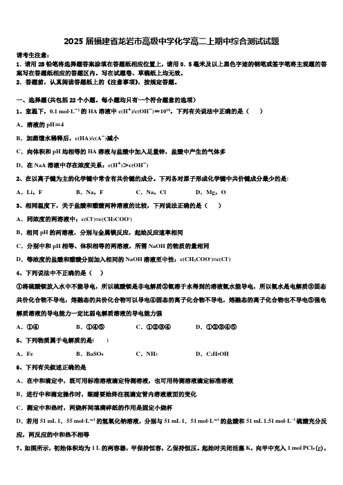 2025届福建省龙岩市高级中学化学高二上期中综合测试试题含解析