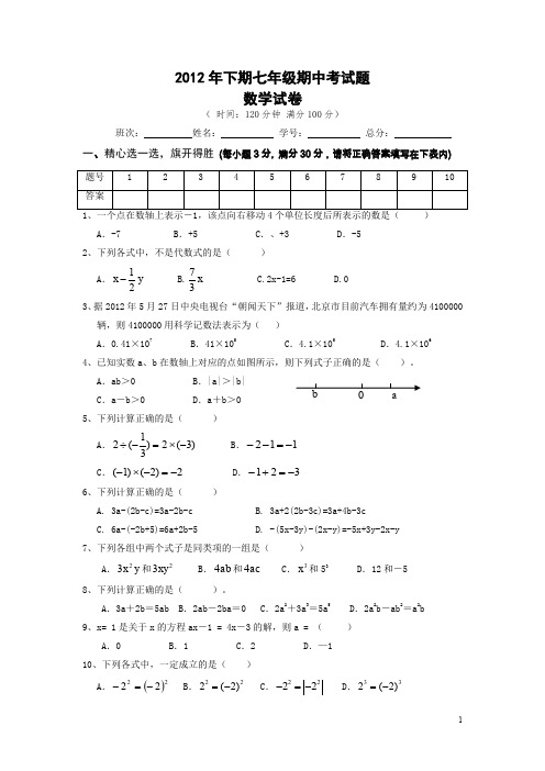 2012年下学期七年级数学期中测试题.doc