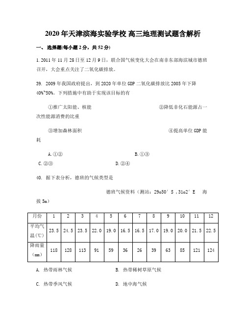 2020年天津滨海实验学校 高三地理测试题含解析