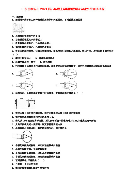 山东省临沂市2021届八年级上学期物理期末学业水平测试试题