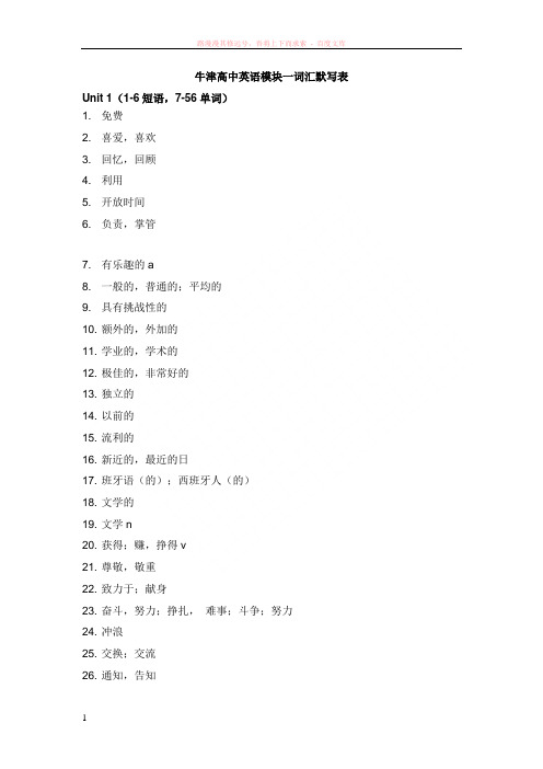 牛津高中英语模块一词汇默写表