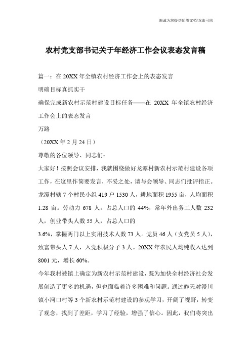 农村党支部书记关于年经济工作会议表态发言稿