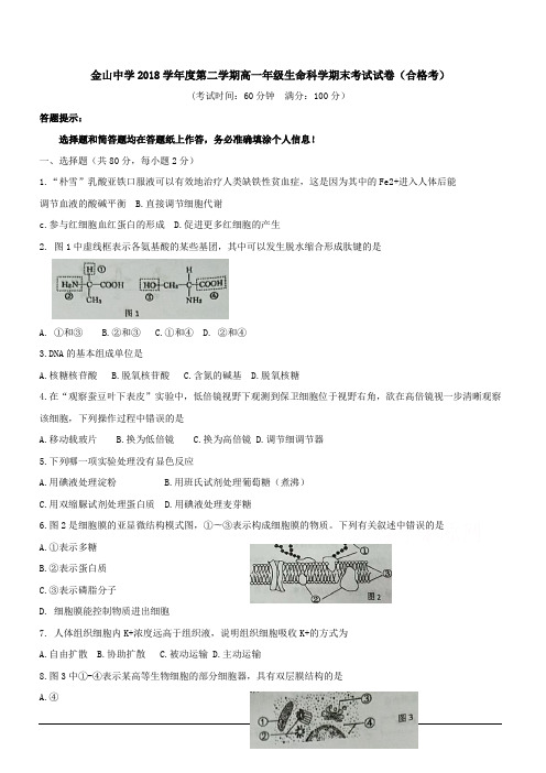 上海市金山中学2018-2019学年高一下学期期末考试 生物(合格考)含答案