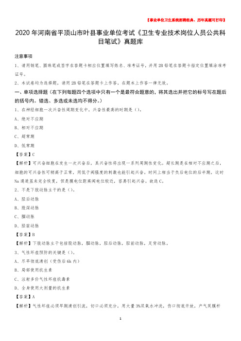 2020年河南省平顶山市叶县《卫生专业技术岗位人员公共科目笔试》真题