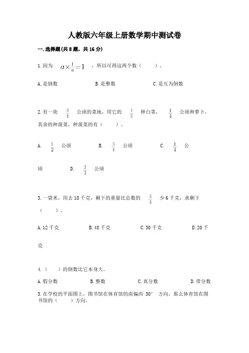 人教版六年级上册数学期中测试卷及完整答案