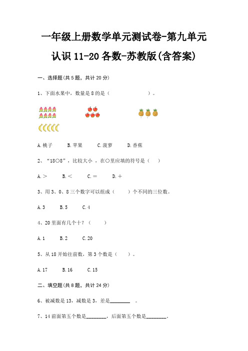 一年级上册数学单元测试卷-第九单元 认识11-20各数-苏教版(含答案)