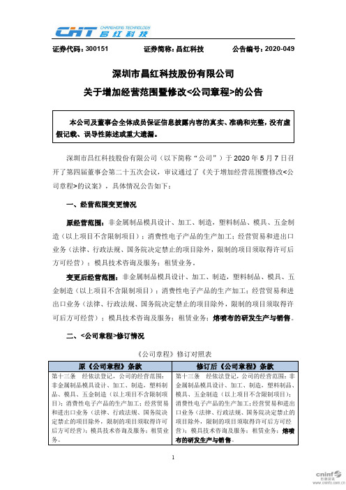 昌红科技：关于增加经营范围暨修改公司章程的公告