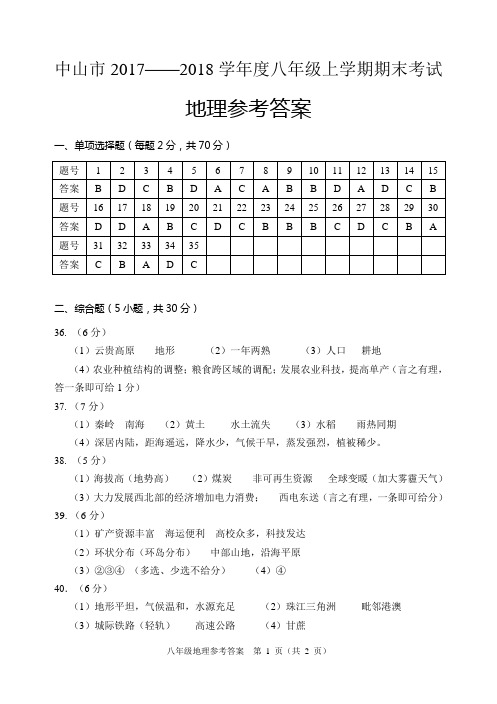 2017-2018学年上学期 八年级地理参考答案