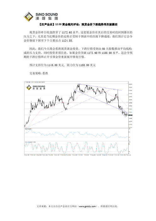 【汉声金业】12.09黄金晚间评论：现货金价下跌趋势再次被激活