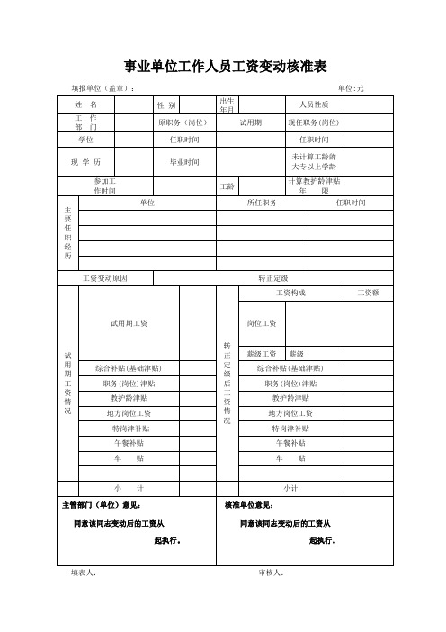 事业单位人员转正定级工资变动工资核准表
