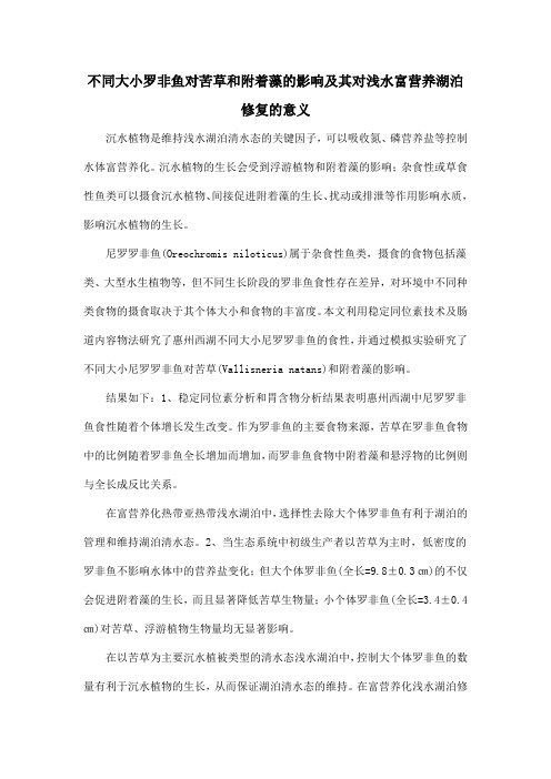 不同大小罗非鱼对苦草和附着藻的影响及其对浅水富营养湖泊修复的意义