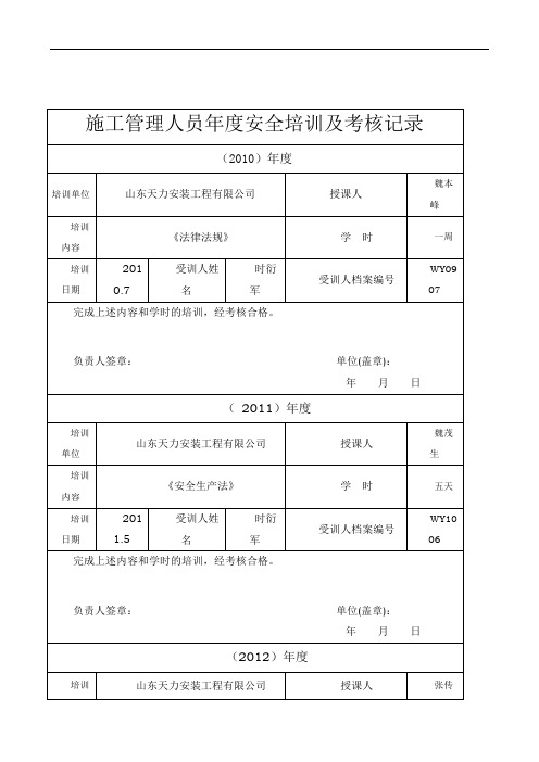 施工管理人员年度安全生产教育培训及考核记录