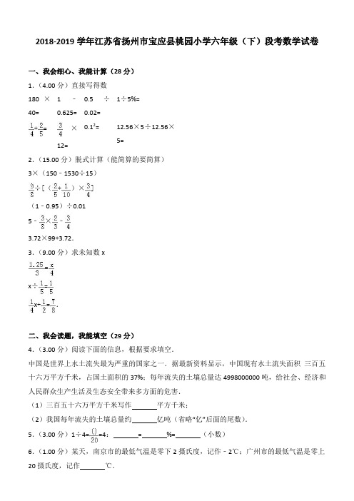 2018-2019学年江苏省扬州市宝应县桃园小学六年级(下)段考数学试卷