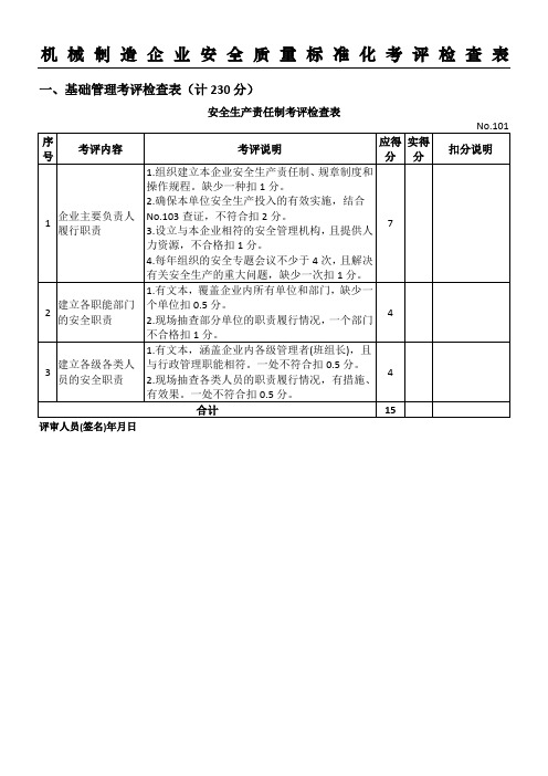 国家机械制造企业安全质量标准化考评检查表格