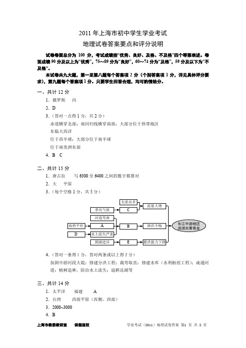 2011年上海市初中学生学业考地理试卷答案及分析