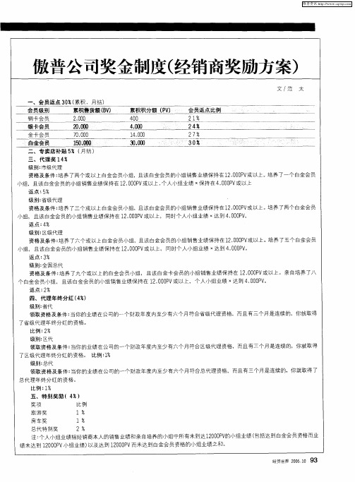 傲普公司奖金制度(经销商奖励方案)