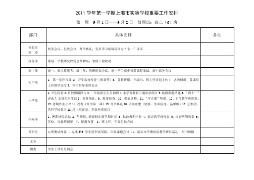 2011学年第一学期上海市实验学校重要工作安排