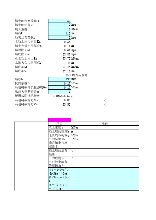 岩石侧压力计算表格Excel