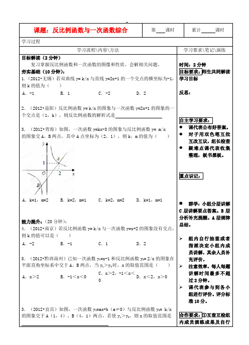 望城县金海双语实验学校八年级数学下册《反比例和一次函数》导学案(无答案)