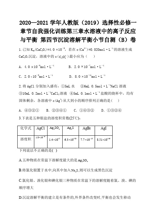 选择性必修一章节自我强化训练第三章水溶液中的离子反应与平衡 第四节沉淀溶解平衡小节自测(B)卷
