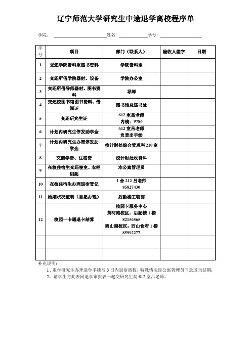 辽宁师范大学研究生中途退学离校程序单