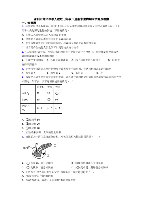 深圳市龙华中学人教版七年级下册期末生物期末试卷及答案