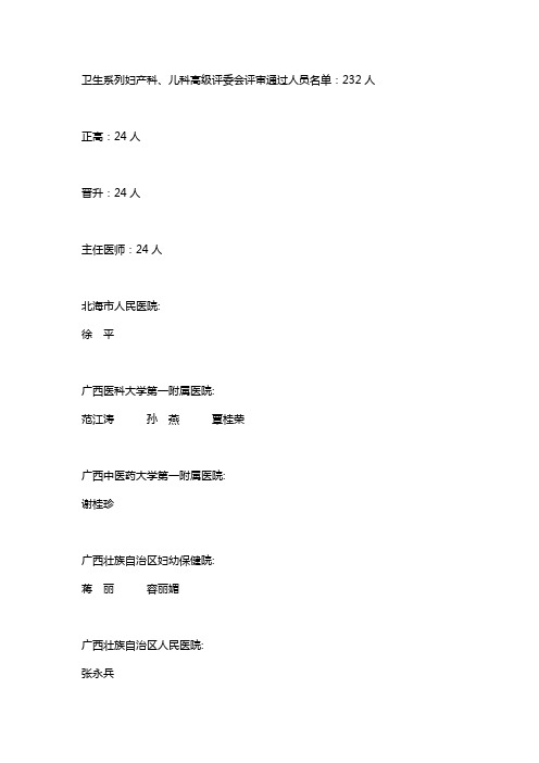 2012卫生系列妇产科儿科高级评委会评审通过人员名单