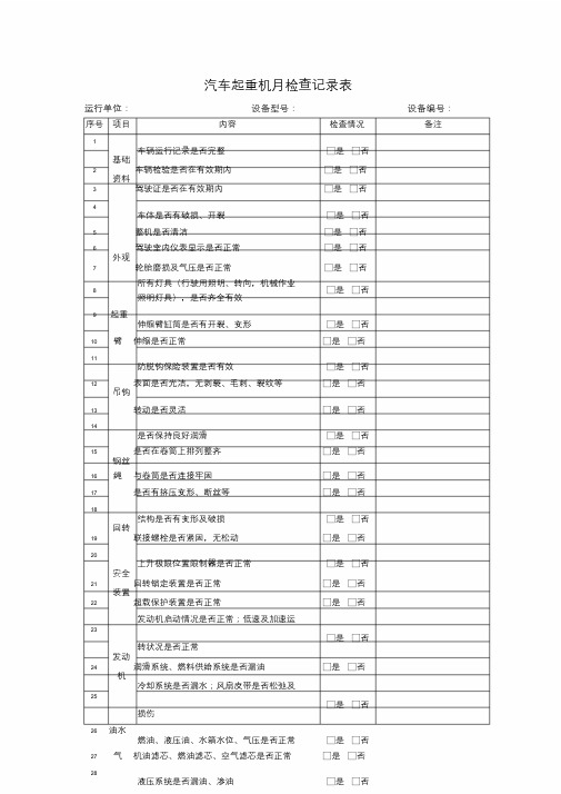 汽车起重机检查记录表(月检)