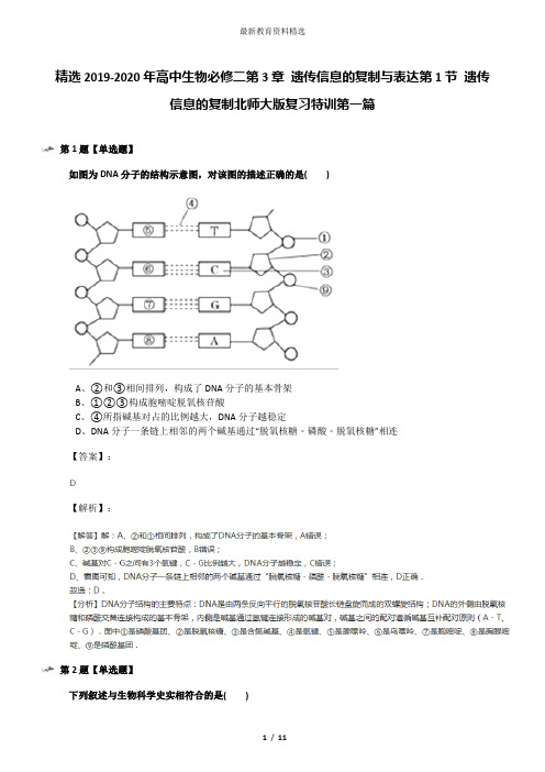 精选2019-2020年高中生物必修二第3章 遗传信息的复制与表达第1节 遗传信息的复制北师大版复习特训第一篇