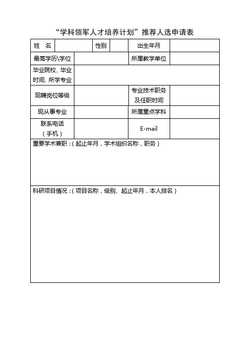 学科领军人才培养计划推荐人选申请表