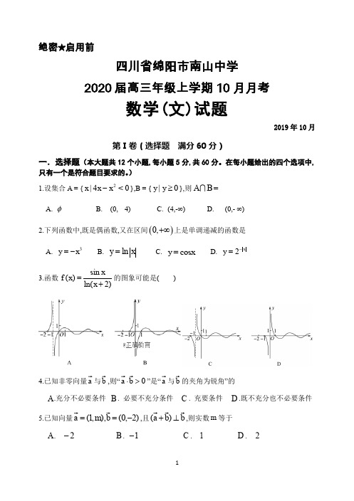 2020届四川省绵阳市南山中学高三上学期10月月考数学(文)试题及答案