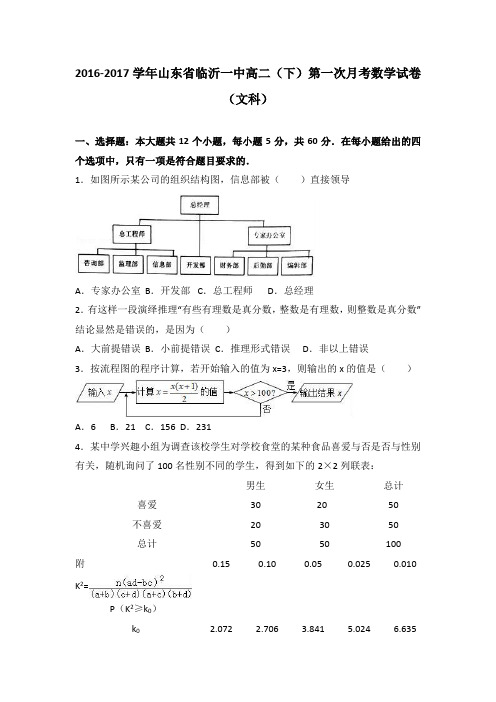 山东省临沂一中2016-2017学年高二下第一次月考数学试卷(文科) 