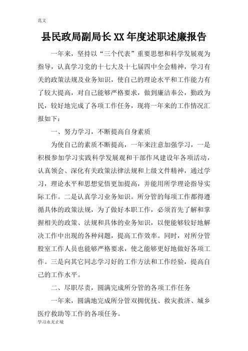 【范文】县民政局副局长XX年度述职述廉报告