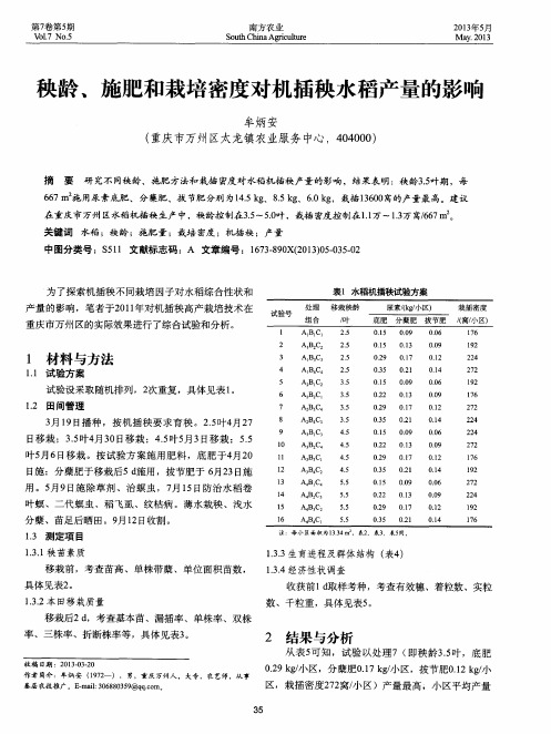 秧龄、施肥和栽培密度对机插秧水稻产量的影响