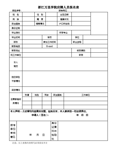 浙江万里学院应聘人员报名表