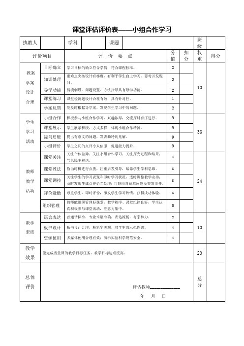 小组合作学习——高效课堂教学评价表