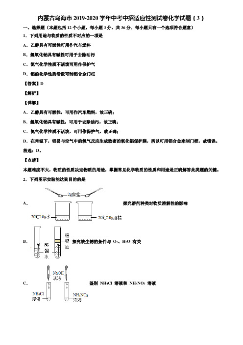 内蒙古乌海市2019-2020学年中考中招适应性测试卷化学试题(3)含解析