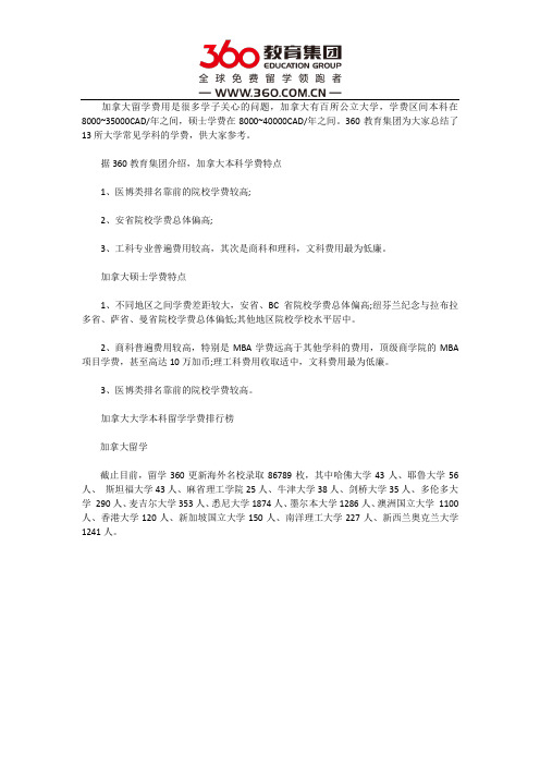 加拿大留学大学学费排名