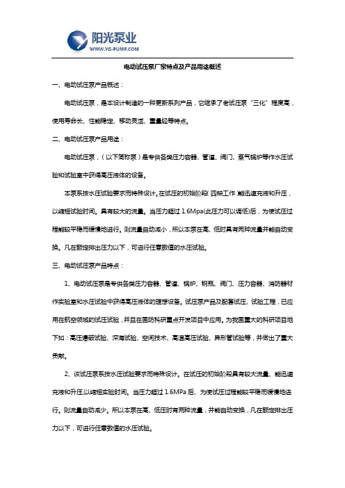 电动试压泵厂家特点及产品用途概述