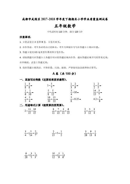 武侯区2017-2018学年五年级下数学调考试卷
